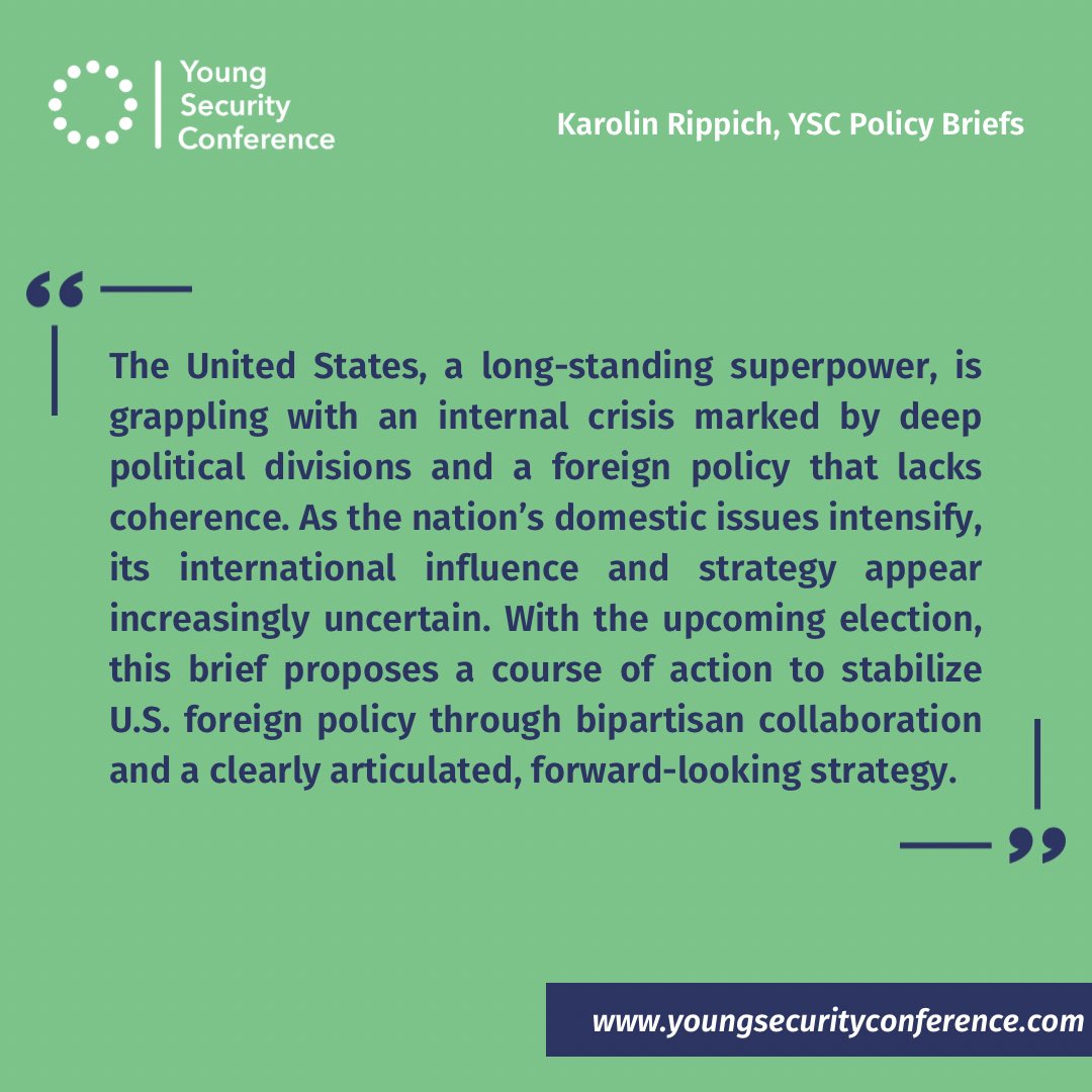 YSConference's tweet image. 🇺🇸 Tomorrows' #USAElections brings back the focus domestic instability and what this means for its foreign policy strategy. 👉Our #YSC policy brief shows a course of action for the stabilization of the foreign policy regardless of the election outcome: youngsecurityconference.com/publications-a…