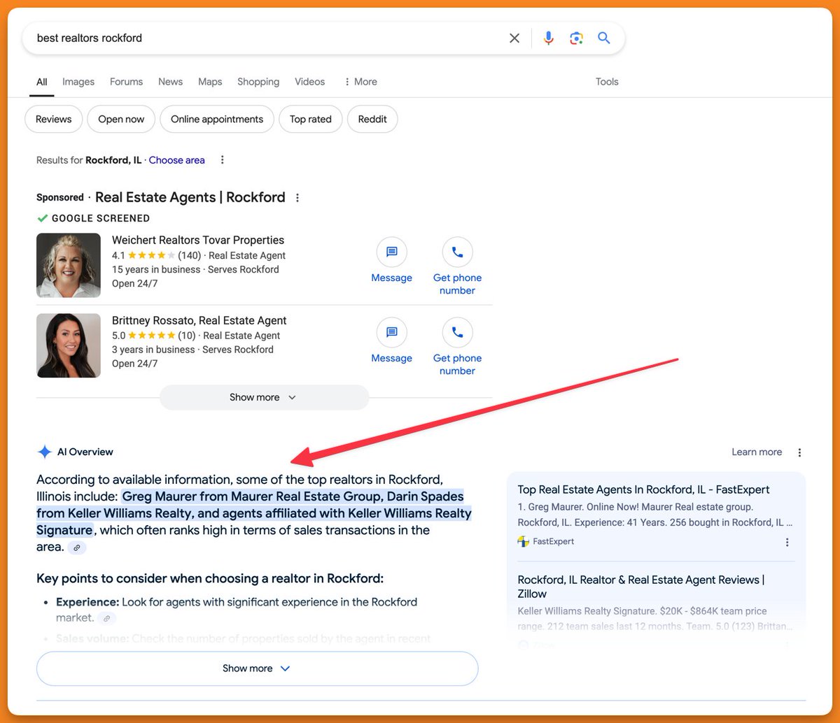 seosavvyagent's tweet photo. AI Overviews are showing up more than ever for real estate searches -- including for one type of keyword that has NEVER produced an AI Overview before.

This is the first time I've spotted an AIO for "best realtors rockford" or any "LOCATION real estate agent" search. https://t.co/9NyrXsHl8Z