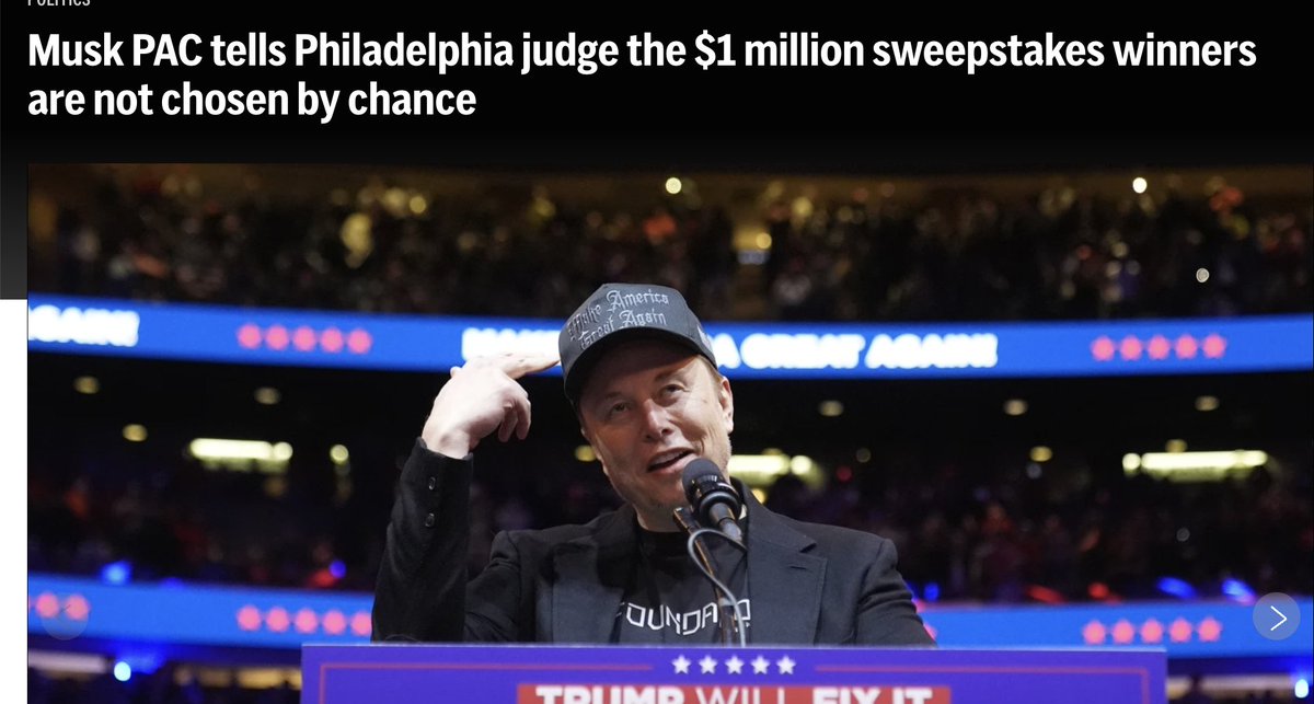 Oh.

So Elon Musk has been lying to everyone about his $1 million giveaways with his America PAC in Pennsylvania?

Color me not shocked.

🍿