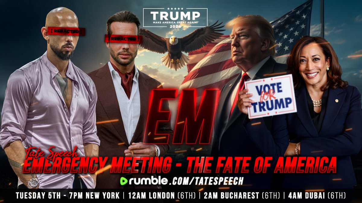 Cobratate's tweet image. EMERGENCY MEETING - ELECTION NIGHT LIVESTREAM
Tomorrow, November 6 at 2AM Universal Tate Time
Live on Rumble