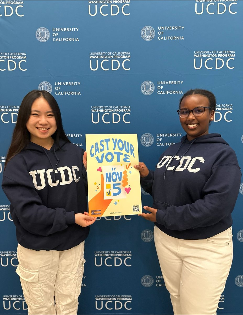 Are you ready to vote? Election Day is tomorrow! 🗳️✋ @UCMerced’s Isabella and <a href="/UCBerkeley/">UC Berkeley</a>’s Idyl, who are participating in the <a href="/UCWashington/">UCDC</a> program, are here to remind you to cast your ballot! 🗳️✅  bit.ly/49tNhgE