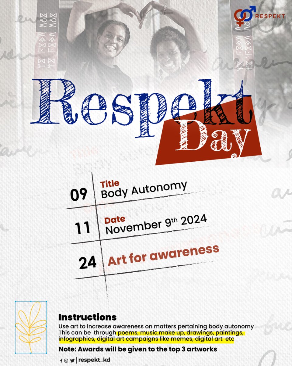 The countdown is on for #RESPEKTday! 🎉 This Nov 9th, we’re celebrating #ArtforAwareness with a focus on #BodyAutonomy. 🧡 Whether you’re into painting, poetry, music, or memes, let’s raise our voices through art! ✨ Share your work using #ArtForAwareness, and tag us @respekt_kd.