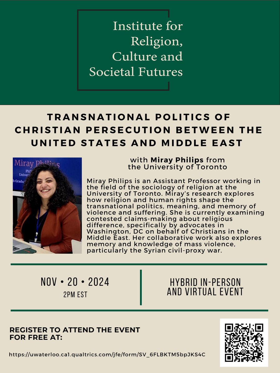 IReligionCSF's tweet image. Join us for our next hybrid in-person and virtual event titled &quot;Transnational Politics of Christian Persecution between the United States and Middle East&quot; with @Mirayhp from @UofT, on Nov 20th from 2-3pm EST. Register to attend the free event here: uwaterloo.ca1.qualtrics.com/jfe/form/SV_6F…
