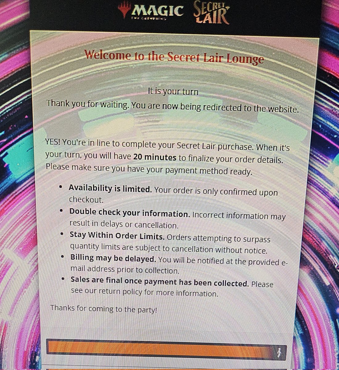 Channel_Colter's tweet image. Well sucks @MTGSecretLair I got in line immediately, waited for over an hour, and then when it's my turn, the cart is gone.
I don't know what I couldve done differently.