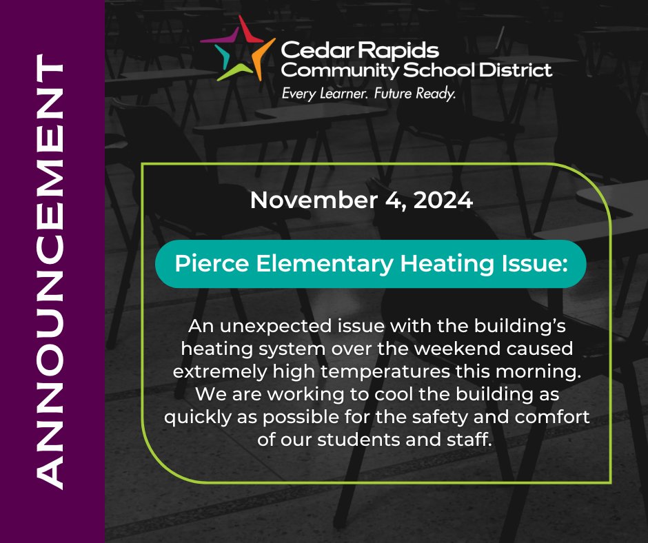 🚨 📢 Pierce Elementary Heating Issue:
This morning, we encountered an unexpected issue with the building heating system at Pierce Elementary School. Please rest assured that all students are safe. Due to equipment failure over the weekend, the boiler malfunctioned, causing