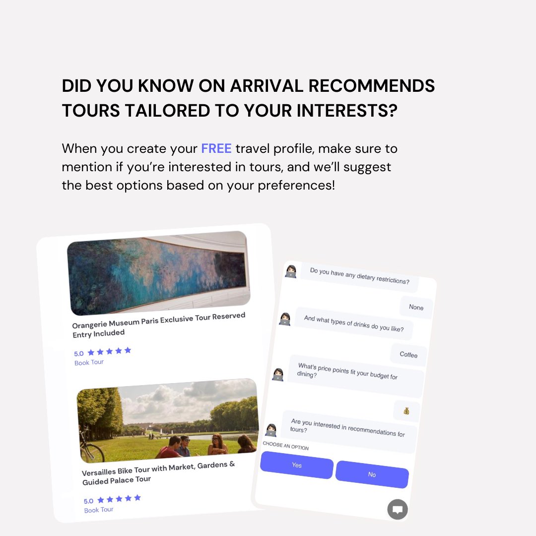 Make the Most of Your Trip with On Arrival! 🚀

✍️ Don't forget to check ‘Yes’ for tour recommendations when filling out your profile! Visit onarrival.com to get started today. #TravelMadeEasy #ExploreWorld #Wonderland #OnArrivalTravel #AdventureAwaits