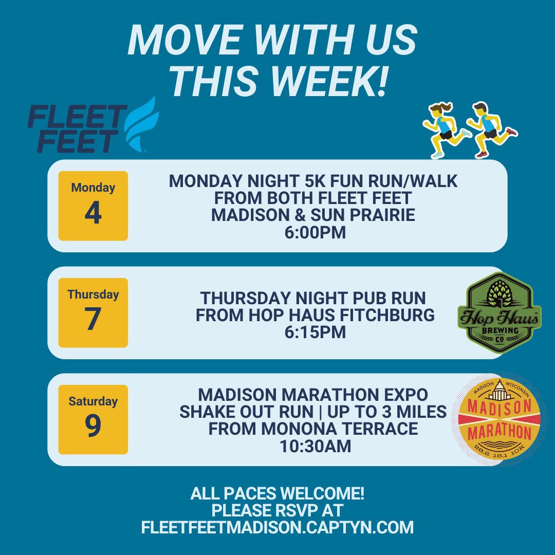 fleetfeetmad's tweet photo. Itβs Madison Marathon race week! Where will we see you this week?! All paces welcome to FREE fun runs! πββοΈπββοΈ
RSVP to Free Fun Runs/Walks here π https://t.co/RYfRq4D6KF
#fleetfeetmadison #fleetfeetsunprairie #grouprun #groupwalk #bettertogether https://t.co/YLHOnPSpnh