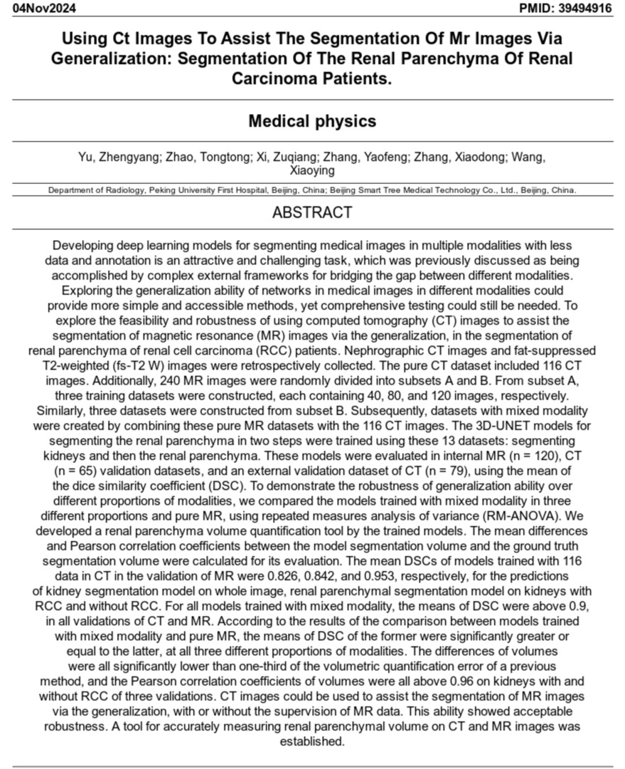 KidneyCancerBot's tweet photo. 📆 #04Nov2024

🎉 Latest paper news! 📰

New #KidneyCancer paper by Yu, Z et al. in Med Phys (https://t.co/ZOP8sCYDR5)

📌  Using CT images to assist the segmentation of M...

🔗 https://t.co/E2iz0et5eq

#RenalCellCarcinoma https://t.co/MwE63piIGM
