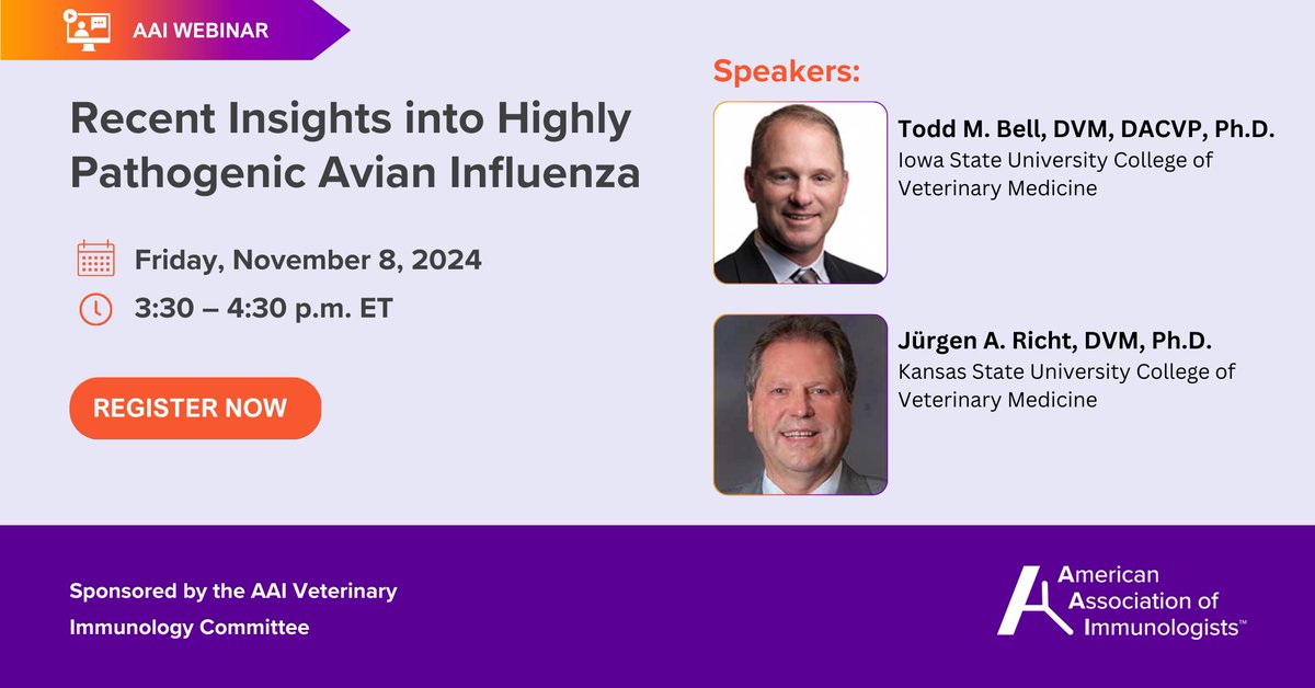 ImmunologyAAI's tweet image. 📢 Join our webinar “Recent Insights into Highly Pathogenic Avian Influenza" on Nov 8, 3:30−4:30 pm ET. Hear Dr. Todd Bell &amp;amp; Dr. Jürgen Richt on the recent H5N1 outbreak and their research. Perfect for #veterinarians, food animal producers and students.

🔗