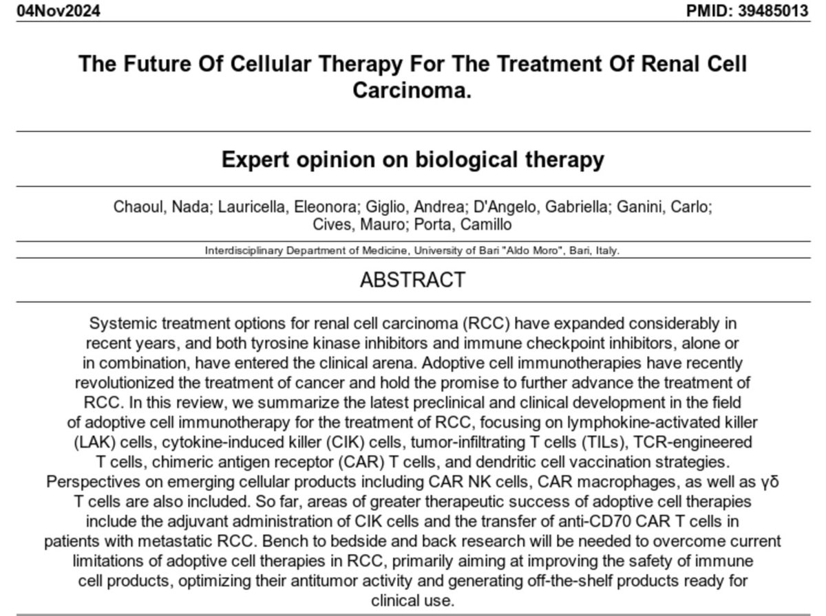KidneyCancerBot's tweet photo. 📆 #04Nov2024

🎉 Latest paper news! 📰

New #KidneyCancer paper by Chaoul, N et al. in Expert Opin Biol Ther (https://t.co/ntNXr9tBY1)

📌  The future of cellular therapy for the treatmen...

🔗 https://t.co/hNq2EBJoCP

#RenalCellCarcinoma https://t.co/yE1uRLUkEc