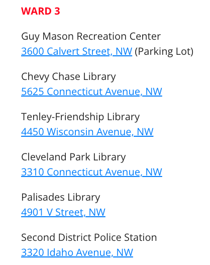 Make sure to vote before 8:00 pm ET tomorrow! You can find Ward 3 in-person vote center locations in the first image, and Ward 3 mail ballot dropbox locations in the second image. For more, visit:  dcboe.org/voters/find-ou…
