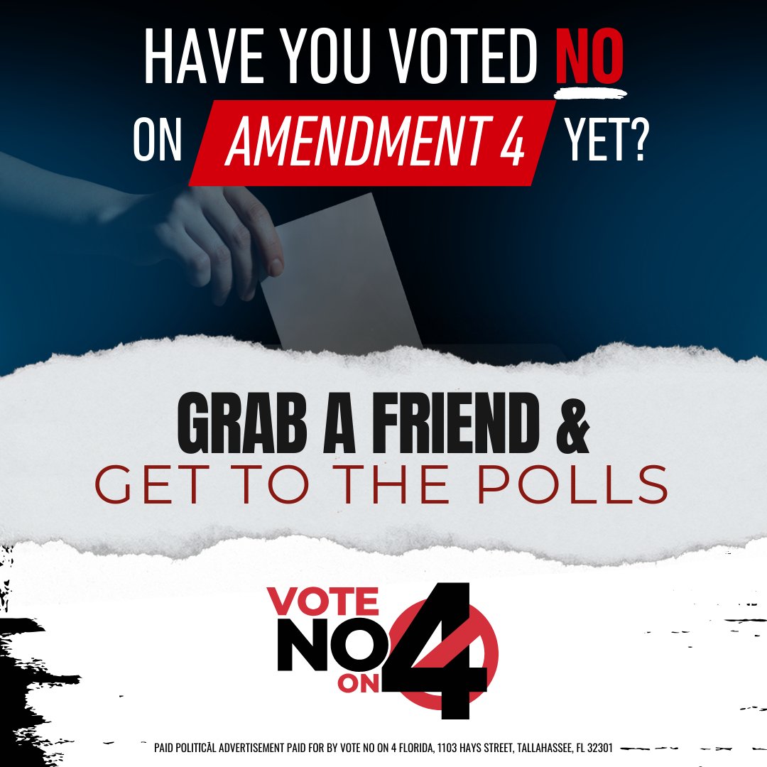 Step 1: Grab your yard sign!
If you have a yard sign, take it with you on Election Day and leave it at your polling place when you cast your vote. 

Step 2: Go Vote!

Step 3: Tell your Friends >> We can all agree to vote “No” on Amendment 4 because it goes too far… way too far!