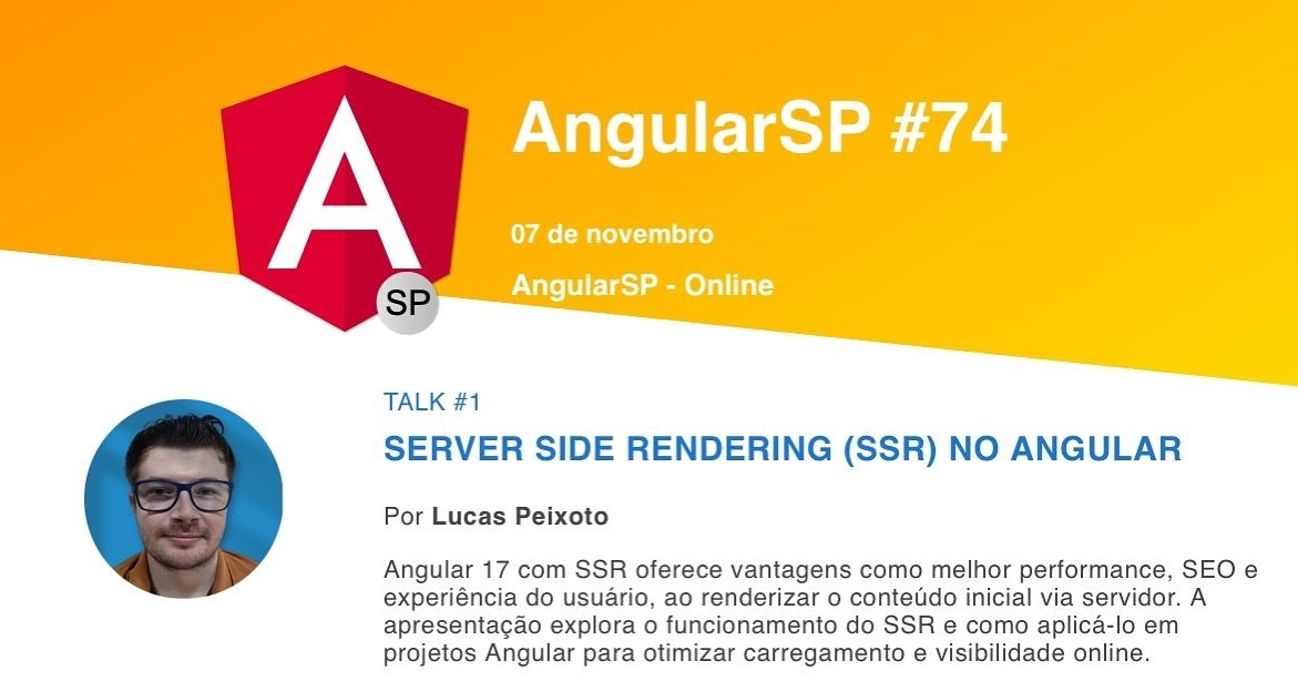 AngularSP's tweet image. Chegamos em novembro e o AngularSP deste mês está imperdível!!!
Duvida? Então, dá uma olhadinha nesses conteúdos…
Na primeira talk o Lucas Peixoto compartilhará como Trabalhar com SSR no Angular 17 🚀
Então, dia 07/11 nos vemos às 19h no YouTube: youtube.com/watch?v=gyfU9j…