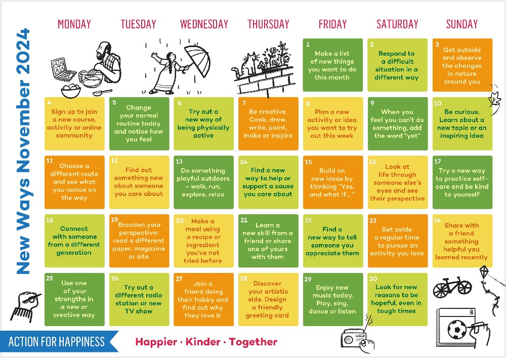 ✍️🧠 Enjoy a month long journey of #curiosity, #Creativity, &amp; #Kindness!🌎🌞The <a href="/actionhappiness/">Action for Happiness</a> New Ways Nov calendar encourages us to ditch our routines by exploring new perspectives, connecting with others, &amp; nurturing ourselves &amp; our passions. 🥗🏃‍♀️ Cheers to good health!📺🎼