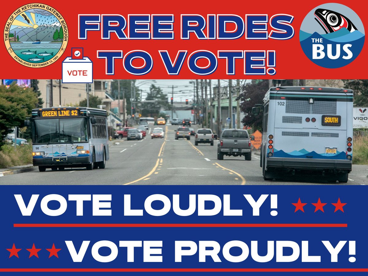 EchoHawk4AK's tweet photo. @KetchikanBus is offering free rides to the polls on Election Day! Just let the driver know you want to vote and ride to the polls for free! #akelect https://t.co/4SL1bhAaxb