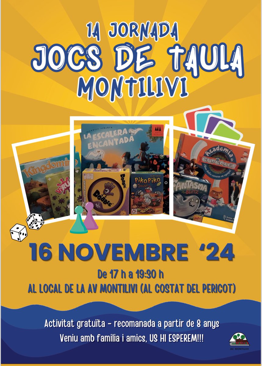 Us convidem a la primera jornada de jocs de taula, el 16 de novembre, de 17:00 a 19:30, al Local Social de Montilivi (costat Pericot). Activitat gratuïta, recomanada a partir de 8 anys. Veniu amb la família i amics i gaudiu d’una tarda divertida i plena de jocs. US HI ESPEREM!!!
