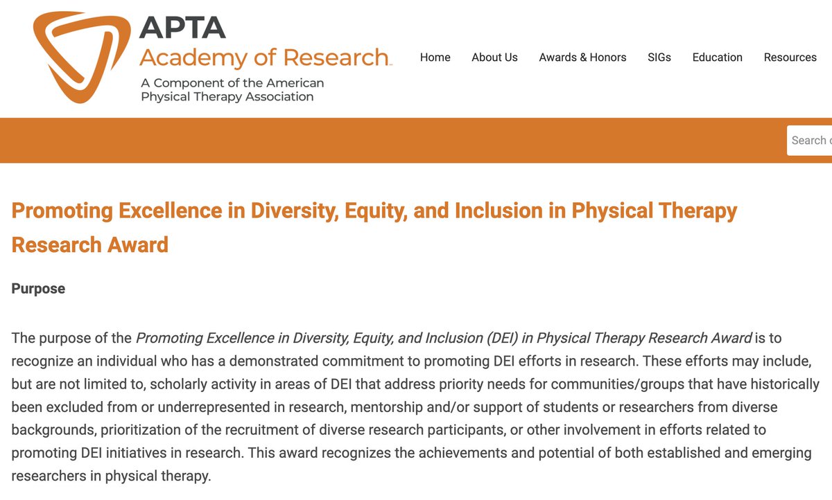 Excited to see this award come to fruition! Help us recognize PT researchers leading in diversity, equity, and inclusion! The Promoting Excellence in DEI in PT Research Award celebrates those breaking barriers and advancing health equity. ptresearch.org/new-dei-award
