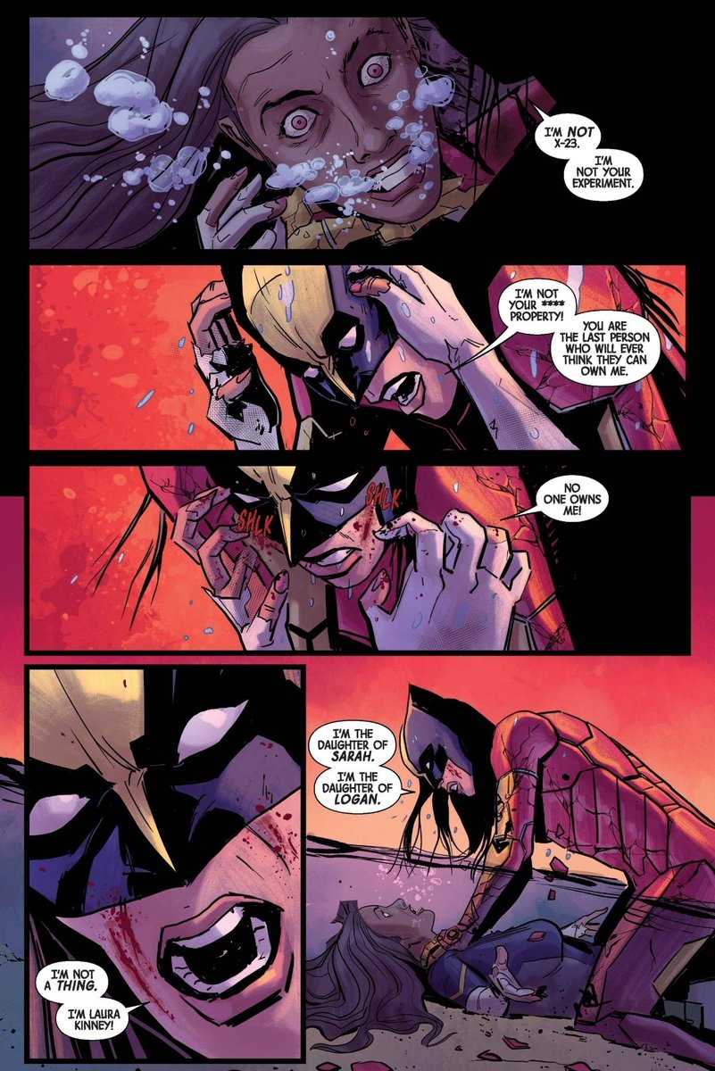 All-New Wolverine 18 is one of the heaviest in the series. 

Kimura tortured Laura and treated her as a weapon, not a person. 

Despite not using the "X-23" name anymore, that's all Kimura calls her. It's a way of degrading Laura. 
1/2