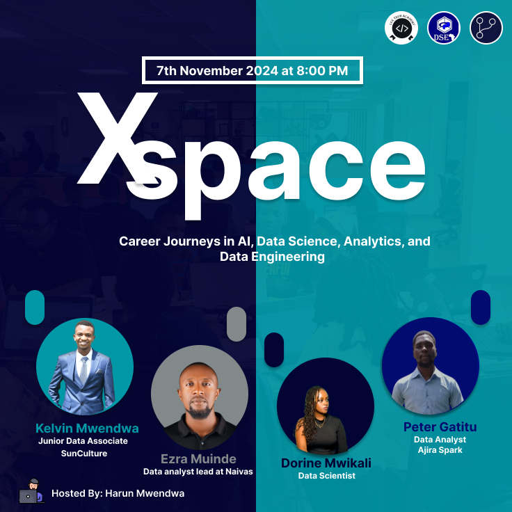 GrayHat Mwenda (@harunmbaabu) on Twitter photo I'll be having a conversation with <a href="/atreyu_atreyu/">Mwikali</a>, <a href="/Kelvinmwendwa__/">Mwendwa</a>, <a href="/ezra_muinde_/">Ezra Muinde π°πͺ</a>, and <a href="/gatitu_mwangi/">Analyst Gatitu</a> about their journeys in data, covering their expectations versus reality, how they each learned and secured their first job, & how they continue upskilling today this Thursday. I'll be having a conversation with <a href="/atreyu_atreyu/">Mwikali</a>, <a href="/Kelvinmwendwa__/">Mwendwa</a>, <a href="/ezra_muinde_/">Ezra Muinde π°πͺ</a>, and <a href="/gatitu_mwangi/">Analyst Gatitu</a> about their journeys in data, covering their expectations versus reality, how they each learned and secured their first job, & how they continue upskilling today this Thursday.