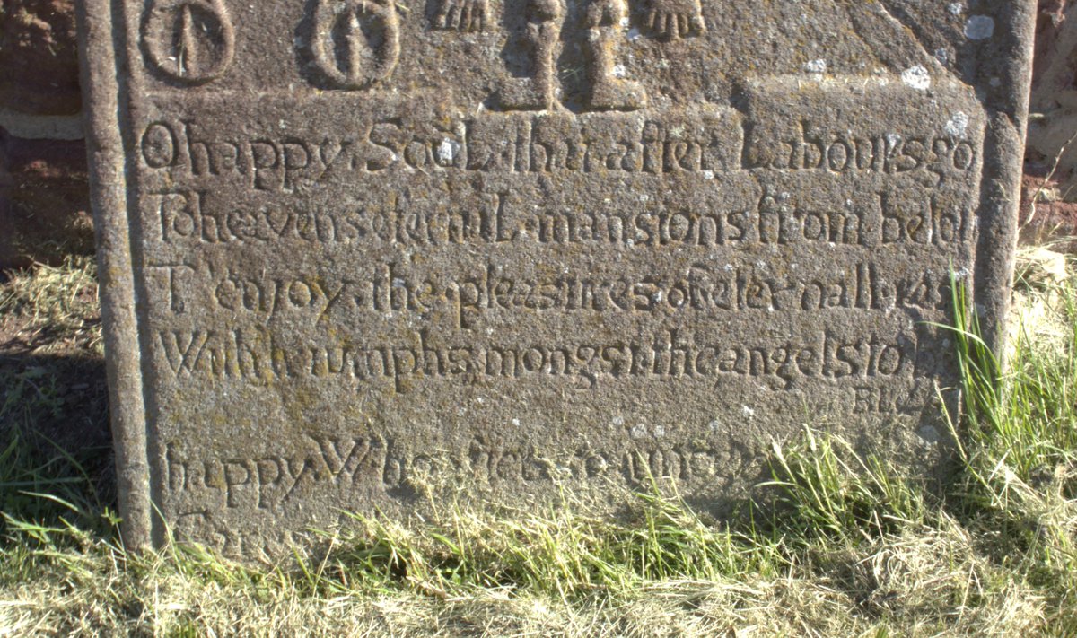 MementoMoriScot's tweet photo. This slab stone is propped up against the watch house in the middle of the graveyard.  It remembers an "honest man" (even if the mason originally missed out the "s") George Wighton and features a full skeleton, winged souls and scales

#MementoMoriMonday #Graveyard https://t.co/ispw4alVz4