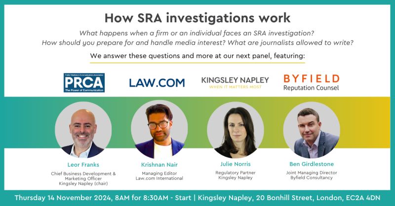 📷
SRA investigations – managing communications and impact. Join our <a href="/PRCA_HQ/">PRCA</a> #Legal Group expert panel - Thursday 14th November for breakfast: @KrishnanNair5, <a href="/Julie_NorrisKN/">Julie Norris</a>, <a href="/bengirdlestone/">Ben Girdlestone</a> at <a href="/kingsleynapley/">Kingsley Napley LLP</a> in Moorgate. To register please email: ashah@kingsleynapley.co.uk