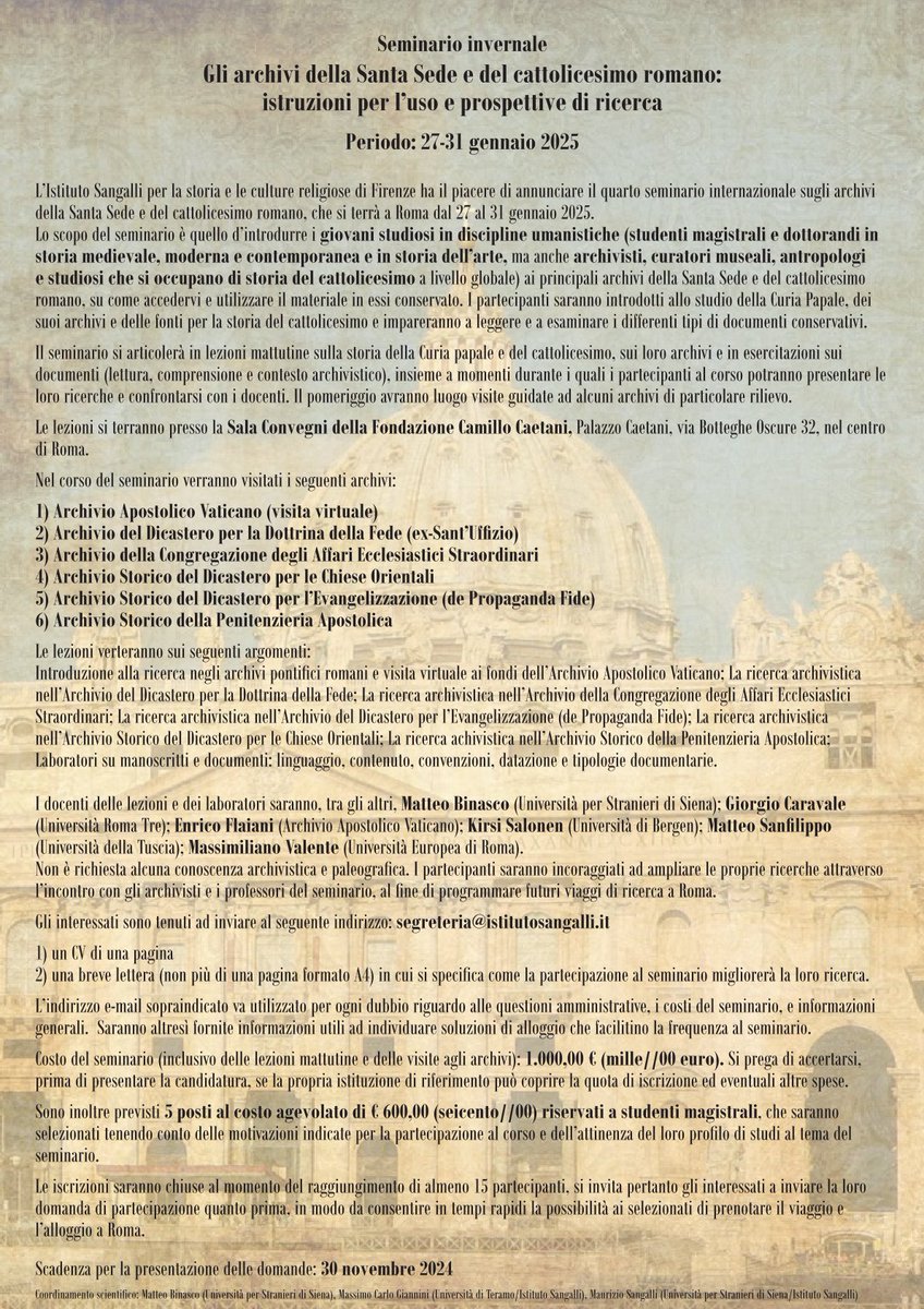 Ecco il bando per partecipare al quarto corso sugli #archivi della #SantaSede e del #cattolicesimoromano per giovani studiosi in discipline umanistiche. Scadenza: 30 novembre 2024. Per favore diffondete!