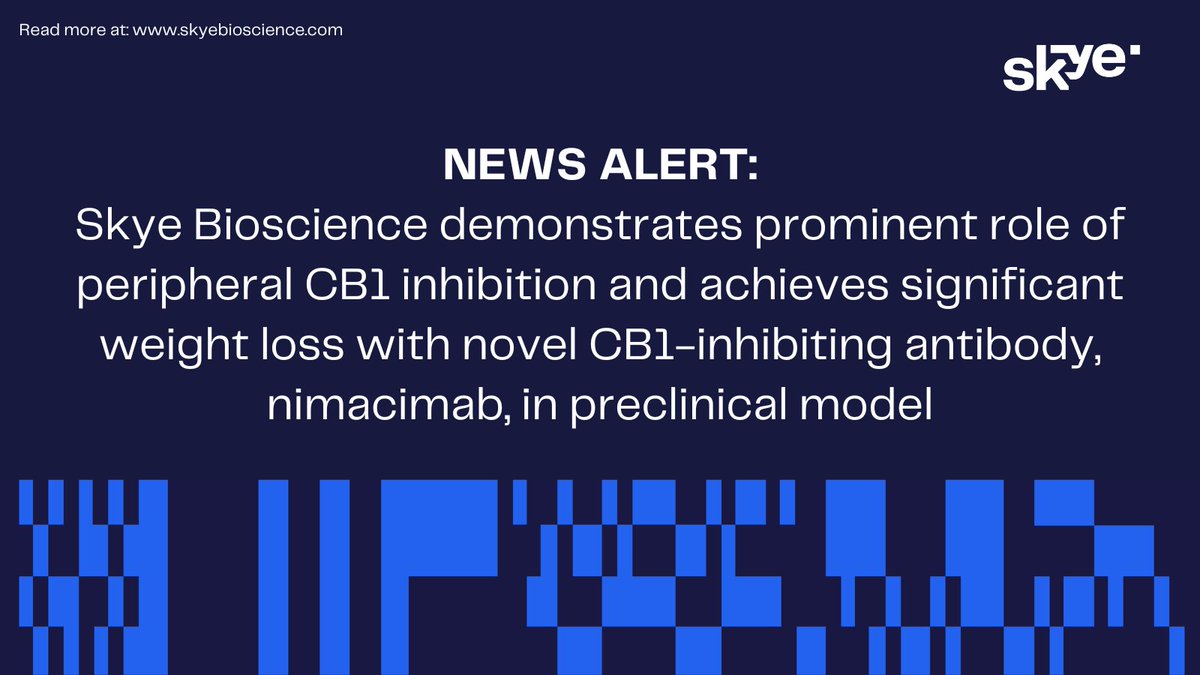 Preliminary data from Skye's newly-developed diet-induced obesity (DIO) model in mice fulfilled its initial objective of showing that peripheral CB1 inhibition achieves significant weight loss without relying on central activity and its risk of neuropsychiatric adverse events.