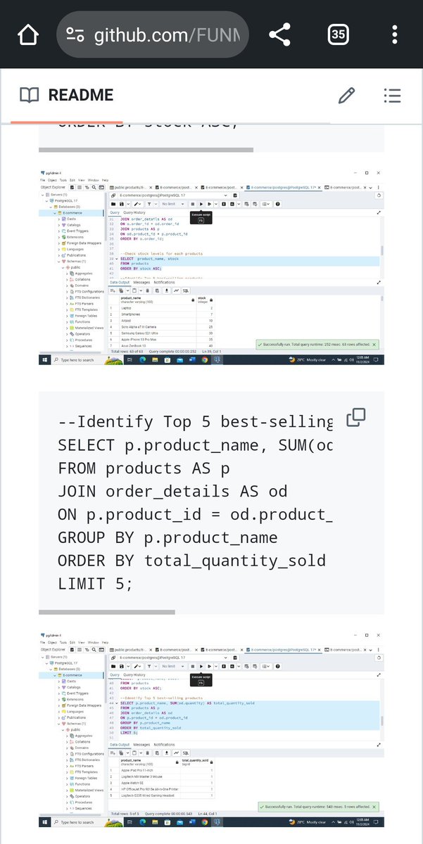 TheFunmyShow's tweet photo. @AnalystsLeague Finished documenting my first SQL project on GitHub.This e-commerce analysis for a tech gadgets company reveals insights on customer behavior, product performance &amp; payment trends.
Check it out here: https://t.co/CBb0SOc2wT
#SQL #DataAnalysis #PortfolioProject #BusinessSuccess https://t.co/FuKVubwNOn