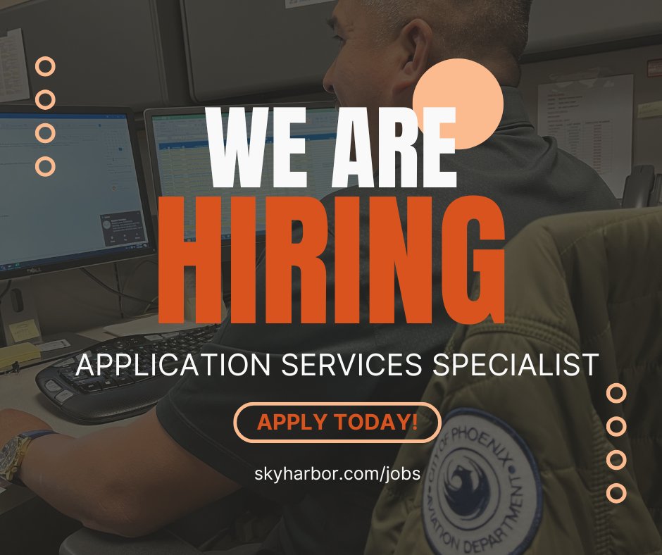 PHXSkyHarbor's tweet image. The City of Phoenix Aviation Department - Technology Division is seeking an Application Services Specialist to join the Business Applications and GIS team. Work with the latest technologies to troubleshoot and resolve unique challenges. Learn more at bit.ly/4f5rTkD.
