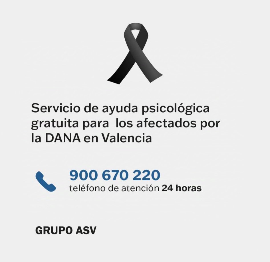 La empresa sanitaria de una mutual mia ha lanzado un programa de ayuda psicológica gratuita!
Si alguien lo necesita, aquí tenéis el número de teléfono!
#Elpueblosalvaalpueblo #DanaEspaña