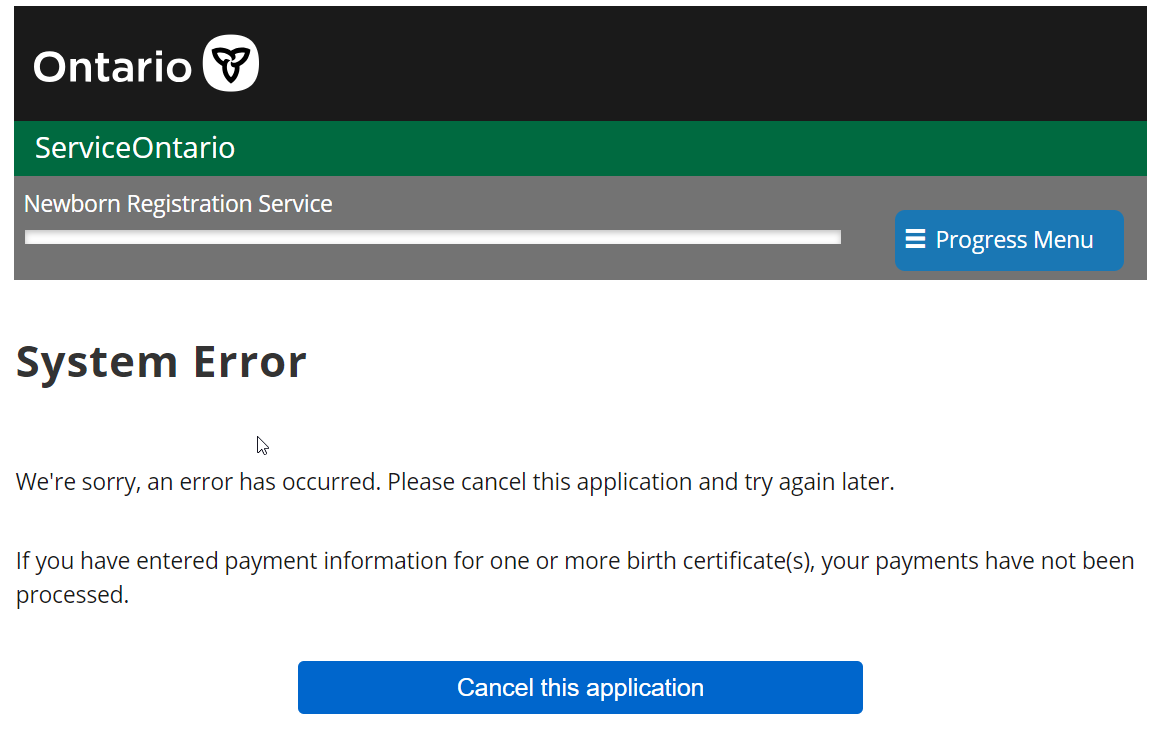 geoff_hunt's tweet photo. @ONgov - System Error on your website - Newborn Registration Service. https://t.co/weqmnncsKm