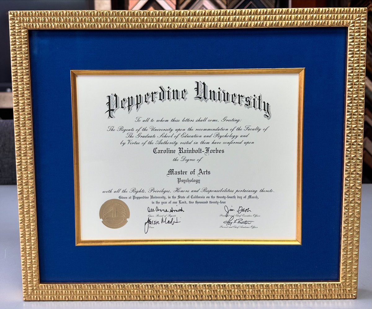 5280customframe's tweet photo. 🎓 Custom framed diploma using gold fillet, linen matting, museum glass and frame by @RomaMoulding! #art #denver #colorado #pictureframing #customframing #5280customframing #topofthetown #pepperdineuniversity #diploma #diplomaframing @truvueglazing  @Crescent_CP @pepperdine https://t.co/y2b7eypoRg