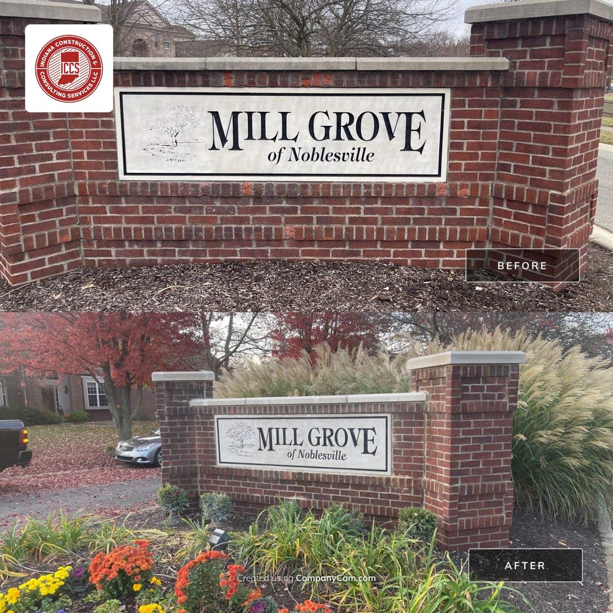 IndianaCCS's tweet image. ICCS just replaced all of the limestone caps &amp;amp; the name plate in this  communities monumentation! #masonrywork