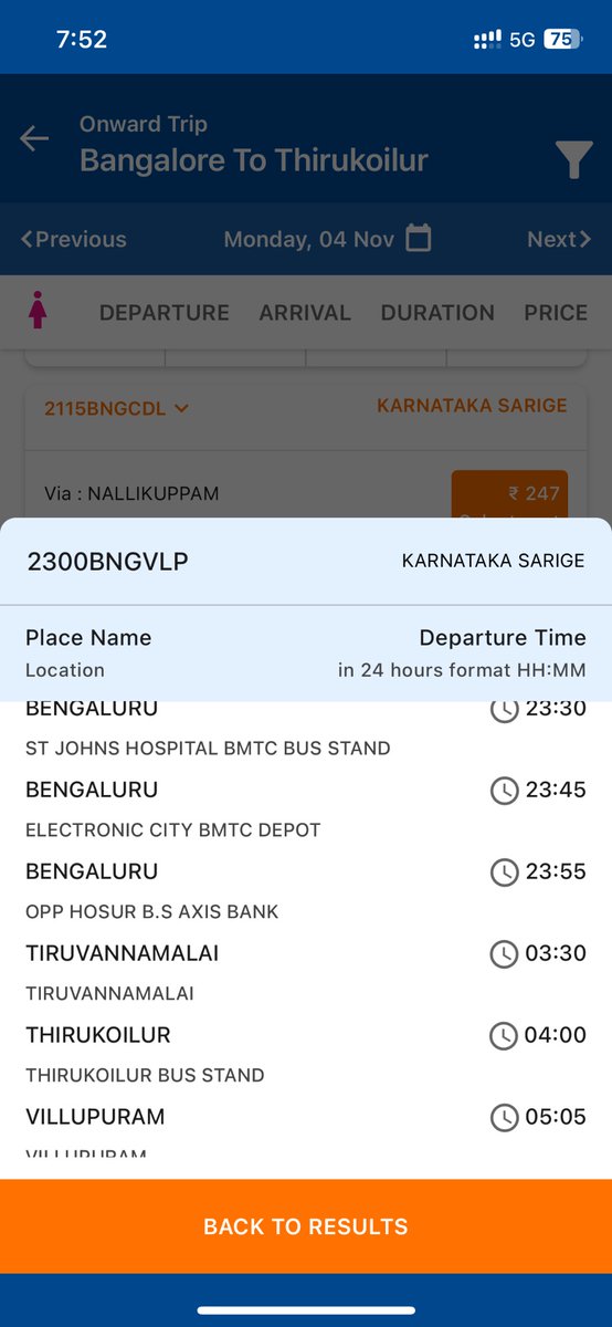 Marati002's tweet photo. @KSRTC_Journeys 
Hi Bus service number 2300BNGVLP
Booking showing to Thirukoilur and Villupuram. Booking not showing to Tiruvanmalai.
Can we book tickets to Thirukoilur and deboard at Tiruvanmalai? Pls help https://t.co/pgO0lnYxlh