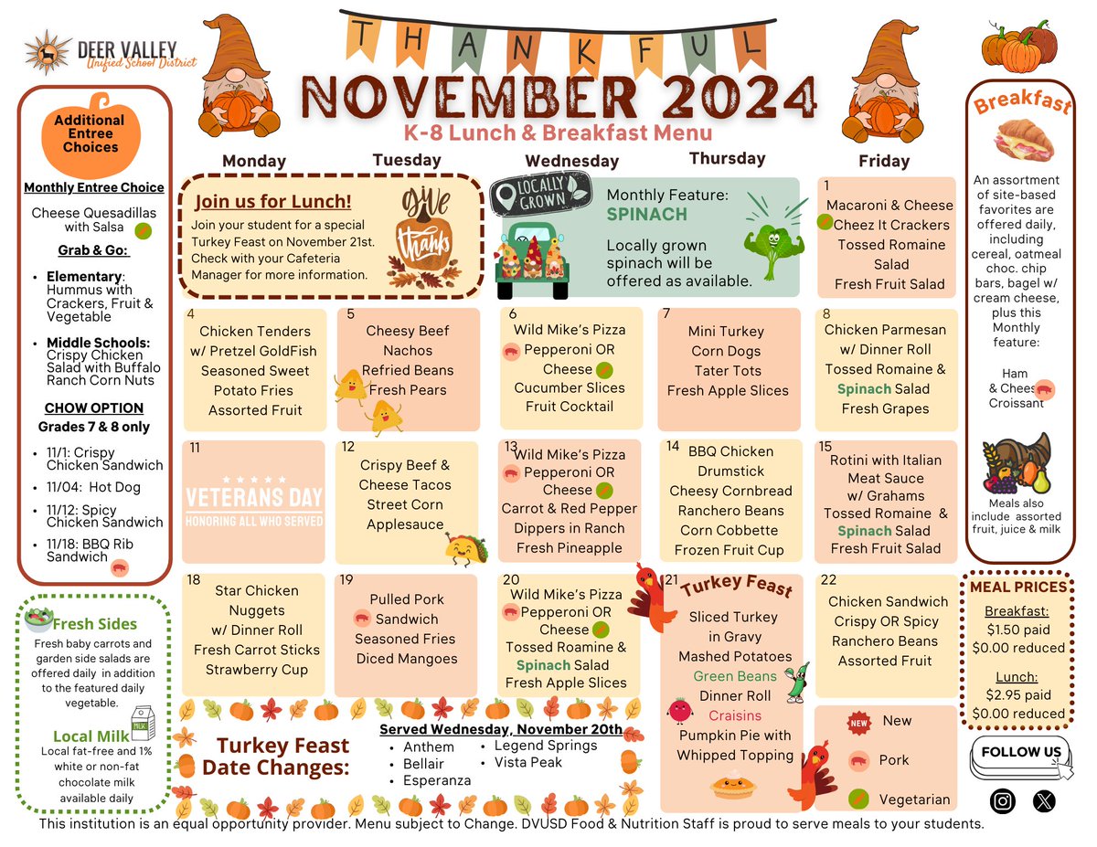 Serving nutritious meals all month.  Join us for our annual Feast on November 21 (select schools on Nov 20, see menu). <a href="/DVUSD/">Deer Valley Unified School District</a> #schoolmeals