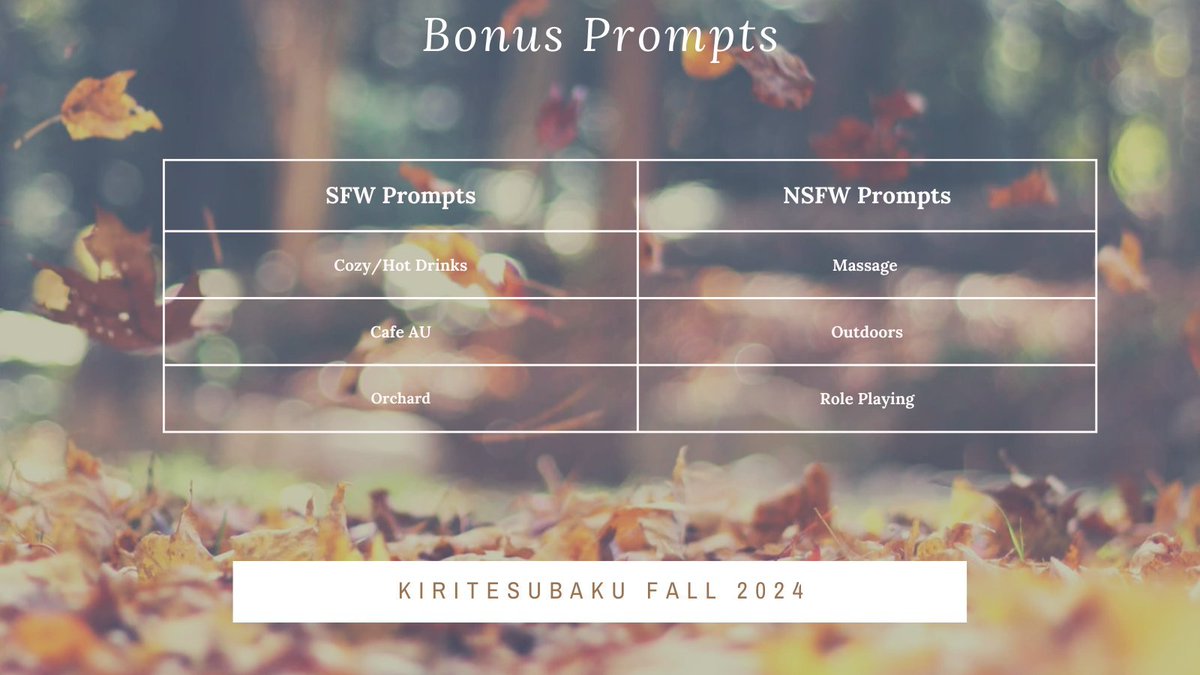 Eventos de esta semana (4-10 noviembre):

FALL HAPPENIN'S &amp; SPOOPY EVENTS -multifandom- (oct 15 - nov 15)
<a href="/DreamTeaEvents/">DreamTea Events - ACCOUNT UNMONITORED</a> 

KiriTetsuBaku Fall Week (4-10)
<a href="/TsKrBkEvents00/">KiriTetsuBakuEvents2024-KrTsBk Fall Week!</a> 

~~~~
Calendario completo:  bit.ly/2YDKqPm
Prompts traducidos: bit.ly/3aaELq1