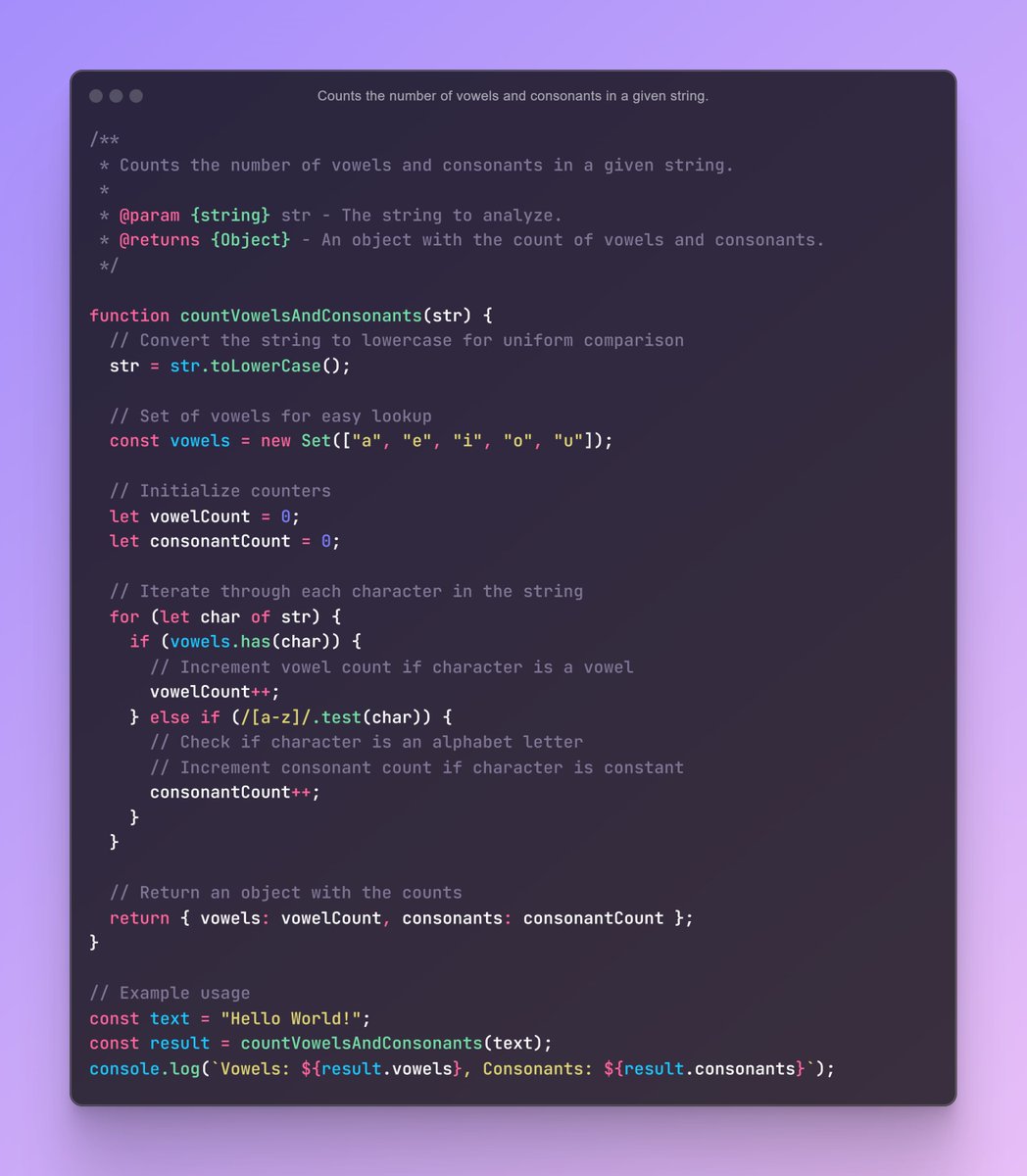 iamtazheeb's tweet image. ⚡Counts the number of vowels and consonants in a given string.
📝 06/12 : String Interview Question(s):
🎯 Day 14 of 75 Days Coding Interview Question (JS)
#javascriptcode #web #javascript #programming #coding #javascriptdeveloper #interviewquestion #tazheeb #tazheeb_shamsi #c