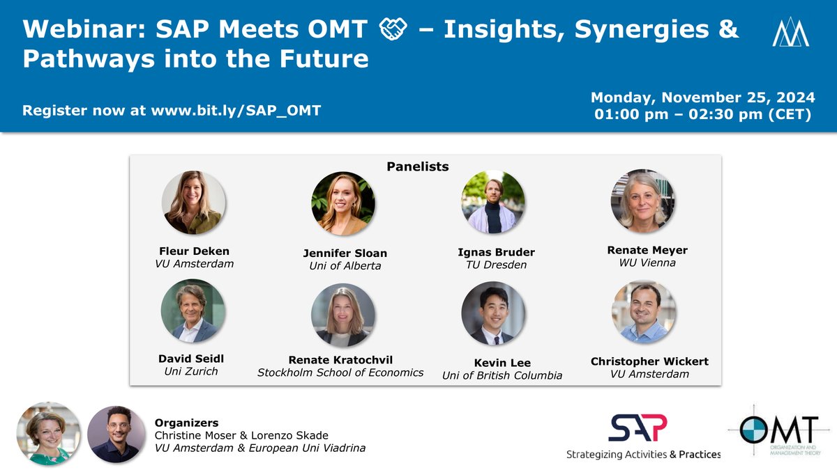 SAP Interest Group (@strategizers) on Twitter photo 📢Webinar: SAP Meets OMT
Join us for an insightful discussion as scholars from the SAP IG and from the <a href="/AOM_OMT/">OMT Division</a> come together to explore the future of management and organization studies.
Date: November 25, 2024
Time: 1-2.30 pm (CET)
Register now: bit.ly/SAP_OMT 📢Webinar: SAP Meets OMT
Join us for an insightful discussion as scholars from the SAP IG and from the <a href="/AOM_OMT/">OMT Division</a> come together to explore the future of management and organization studies.
Date: November 25, 2024
Time: 1-2.30 pm (CET)
Register now: bit.ly/SAP_OMT