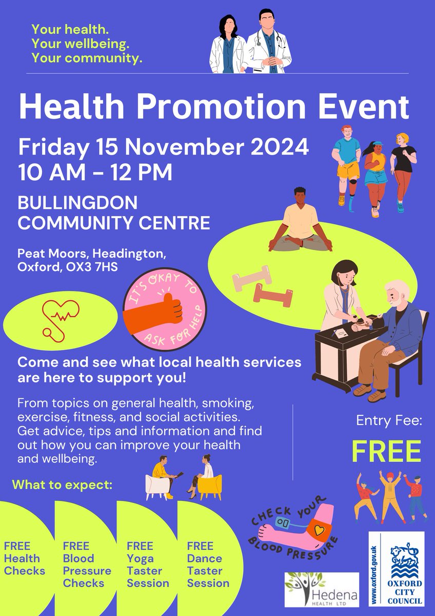 HealthyOxon (@healthyoxon) on Twitter photo Come and join the upcoming Wood Farm Health Promotion Event! <a href="/OxfordCity/">Oxford City Council</a>
From insightful information to practical advice, you'll leave with the knowledge and tools to understand what is available in the local area to improve your overall health and well-being. Come and join the upcoming Wood Farm Health Promotion Event! <a href="/OxfordCity/">Oxford City Council</a>
From insightful information to practical advice, you'll leave with the knowledge and tools to understand what is available in the local area to improve your overall health and well-being.