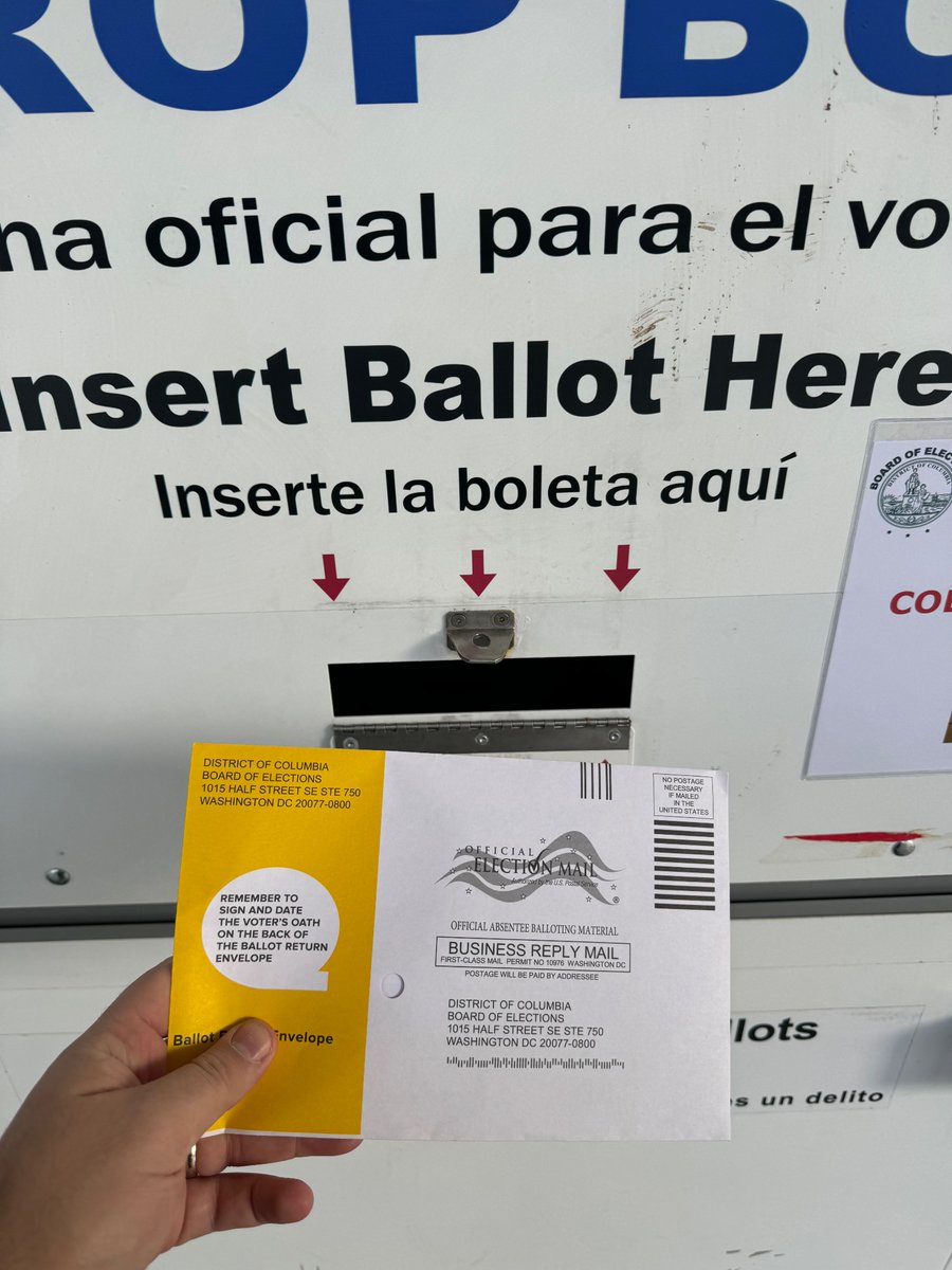 Excited to cast my vote today for <a href="/KamalaHarris/">Kamala Harris</a>, <a href="/Tim_Walz/">Tim Walz</a>, <a href="/EleanorNorton/">Eleanor #DCStatehood Holmes Norton</a>, <a href="/ankitjaindc/">Senator Ankit Jain</a>, <a href="/repoyedc/">Rep. Dr Oye Owolewa</a>, <a href="/chenderson/">Christina Henderson</a>, <a href="/RobertWhite_DC/">Robert White</a>, <a href="/AllVotesCountDC/">Make All Votes Count DC</a>, and FREEDOM! Go vote!