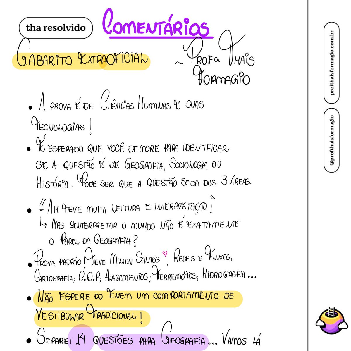 formagio_thais's tweet image. Gabarito extraoficial ENEM 2024 GEOGRAFIA! Caderno VERDE 

Segue o fio 🧶