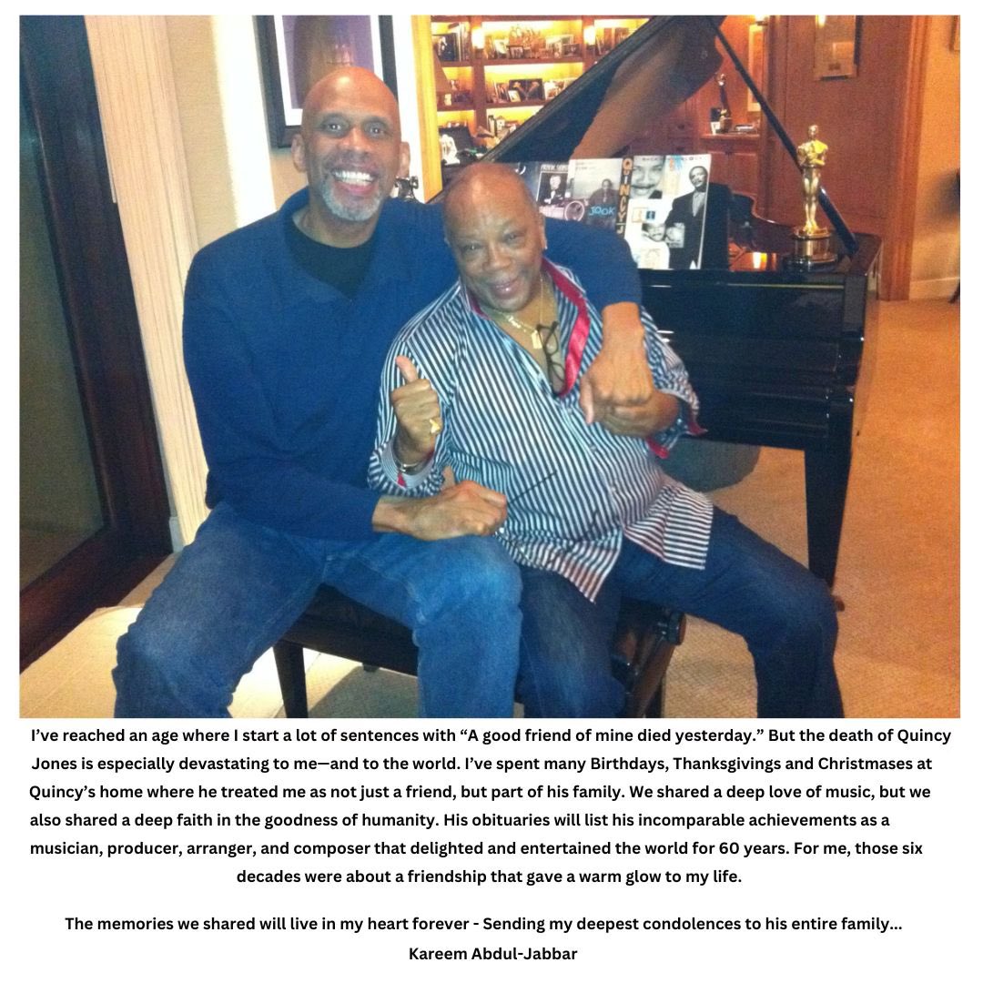 Kareem Abdul-Jabbar (@kaj33) on Twitter photo when you lose a close friend, a piece of your heart goes with them. <a href="/QuincyDJones/">Quincy Jones</a> when you lose a close friend, a piece of your heart goes with them. <a href="/QuincyDJones/">Quincy Jones</a>