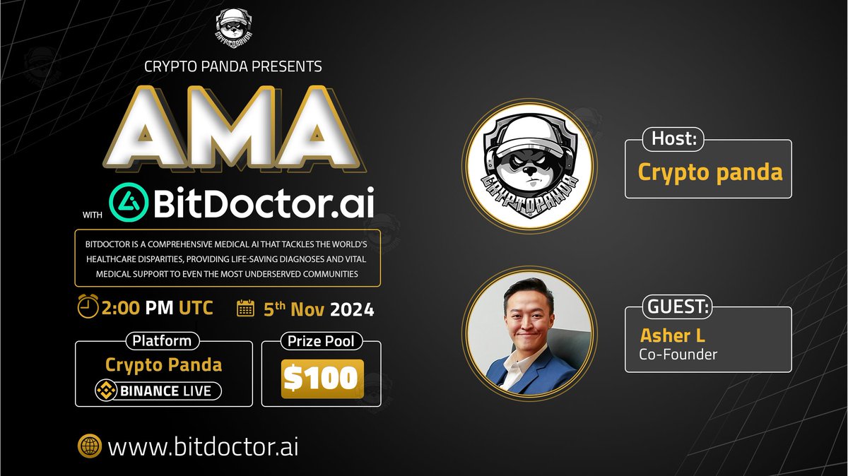 CryptoPanda_gl's tweet image. 🎙️ Join us for Exclusive #BinanceLiveAMA with @BitDoctorAI // $100 USD Reward.
🗓️ Date:- 5th , November 2024
🕰️ Time:- 2:00 PM UTC
🎙️ Guest:-
> Asher L. - Co-Founder
📌Joined Binance Live :-
binance.info/live/video?roo…
〽️ Rules:
1️⃣ Follow :- @BitDoctorAI
2️⃣ Like & Retweet…