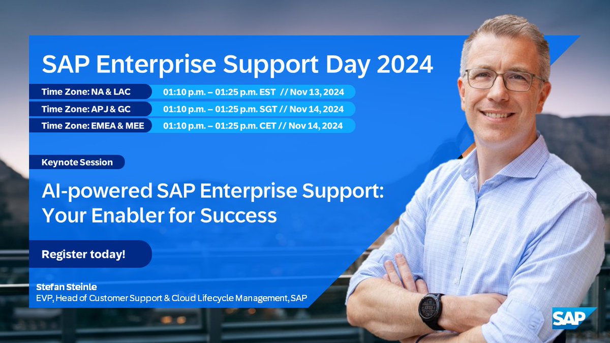 Benjamin_Wilk's tweet image. Join us for #SAPEnterpriseSupport Day 2024! Discover how AI-powered SAP Enterprise Support can drive your success with insights from Stefan Steinle. Don&apos;t miss this chance to elevate !
 
 Register now and take your business to the next level!

imsap.co/6011Sdzsx