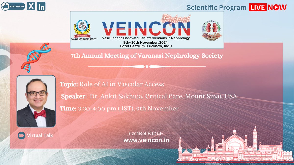 theveincon's tweet photo. 🌐 AI &amp; Dialysis Trends at #VEINCON2024!

Session 6 highlights Dr. Ankit Sakhuja on AI in Vascular Access, plus:

Prof. R K Sharma on Convince Trial &amp; HDF
Dr. Abhilash Chandra on Access in Transplant
Dr. Dinesh Khullar on CRRT in 2024
🗓️ Nov 9, 3:00 PM #DialysisCare https://t.co/iOJpT6RiOZ