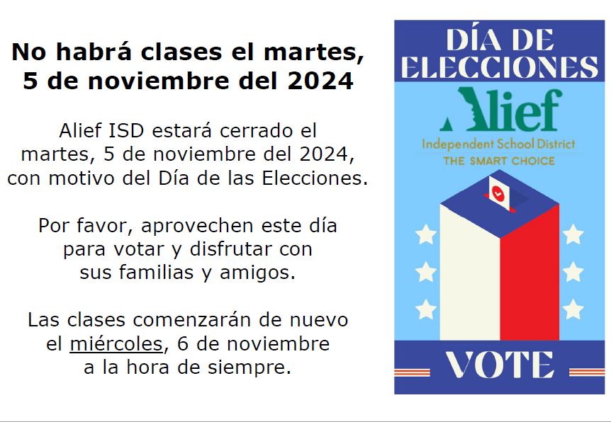 OutleyE's tweet image. Reminder: No school tomorrow for Election Day! ❤️🩶💙 See you Wednesday, Eagles! #AliefVotes @AliefISD