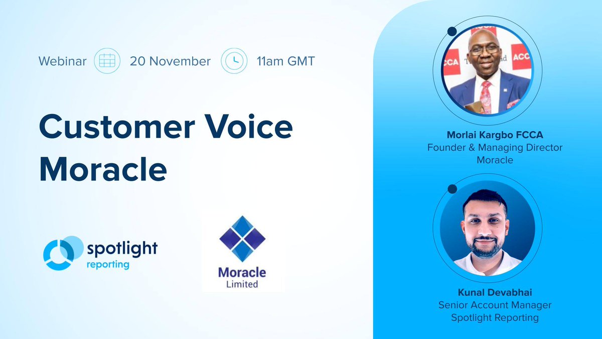 Spotlight Reporting (@spotlightrep) on Twitter photo Weβre back with a brand new episode of Customer Voice. π
For this session weβre joined once again by Morlai Kargbo, FCCA, Founder & Managing Director of <a href="/Moracleltd/">Moracle Ltd</a> Limited and The Moracle Foundation
Sign up today: hubs.li/Q02WNWFj0 Weβre back with a brand new episode of Customer Voice. π
For this session weβre joined once again by Morlai Kargbo, FCCA, Founder & Managing Director of <a href="/Moracleltd/">Moracle Ltd</a> Limited and The Moracle Foundation
Sign up today: hubs.li/Q02WNWFj0
