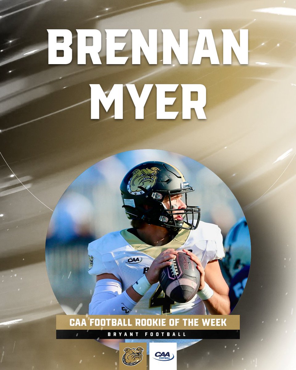 Bryant Football (@bryantufootball) on Twitter photo Congratulations to Brennan Myer on being named the <a href="/CAAFootball/">CAA Football</a> Rookie of the Week.
📝: shorturl.at/35OUW Congratulations to Brennan Myer on being named the <a href="/CAAFootball/">CAA Football</a> Rookie of the Week.
📝: shorturl.at/35OUW