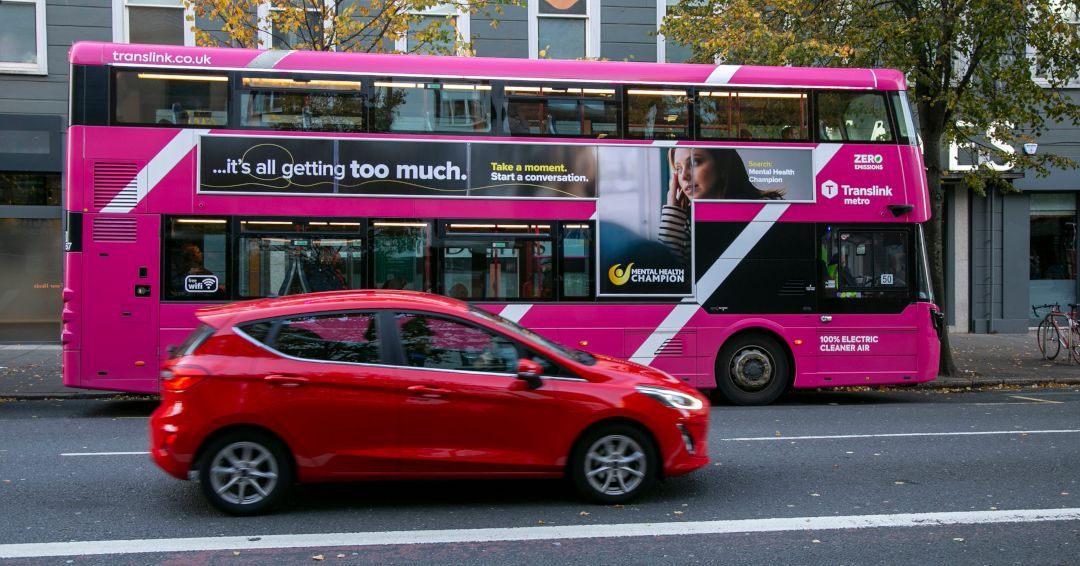 GlobalNIreland's tweet photo. We love to see outdoor being used for good, communicating important messages locally or at scale. @MHC_NI are using the huge canvas afforded by bus T-Sides to promote emotional health and wellbeing across #NorthernIreland 💚🎗

#busadvertising #platformforgood https://t.co/uXjV4vxVzR