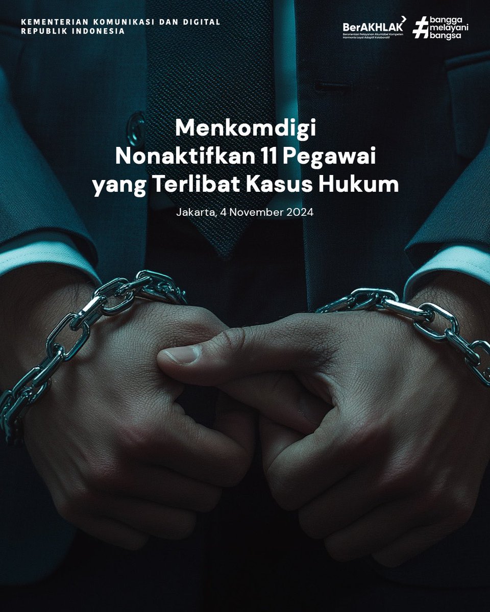 kemkomdigi's tweet photo. Berantas judi online tanpa pandang bulu, Menkomdigi Meutya Hafid nonaktifkan 11 pegawai yang terlibat kasus hukum.

Upaya ini merupakan langkah awal sebagai bentuk komitmen Kementerian Komunikasi dan Digital dalam upaya pemberantasan judi online serta menjaga integritas dan kredibilitas institusi.

#Kemkomdigi #Menkomdigi #komunikasi #digital #KementerianKomunikasidandigital #Kabinetmerahputih #Indonesia